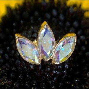 Anatometal 18k yellow gold marquise 3 gem fan with Aurora Borealis